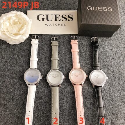 GUESS watch circular minimalist diamond dial leather strap