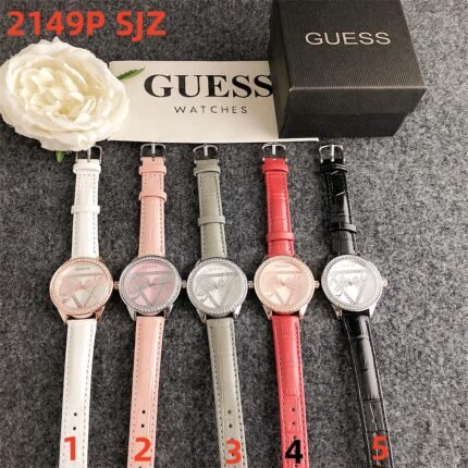 GUESS watch circular minimalist diamond dial leather strap