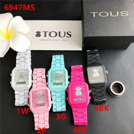 TOUS Watch Square Peach Silk Bear Pattern dial with frosted steel band