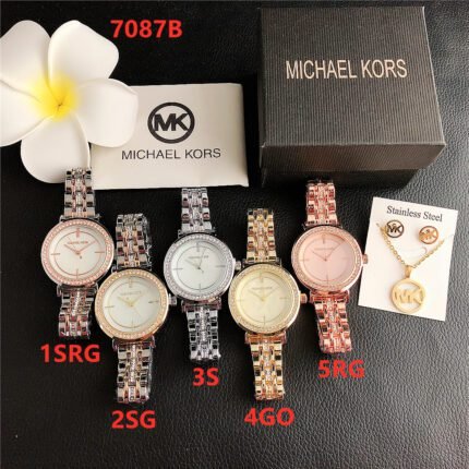 MK watch circular minimalist dial with diamond border metal strap