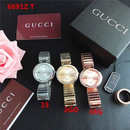 Gucci watch with round diamond bezel dial and steel strip