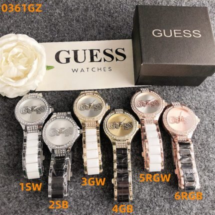 GUESS watch circular minimalist diamond inlaid dial with metal steel strip