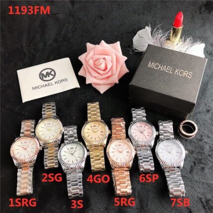 MK watch circular minimalist dial with diamond border metal strap