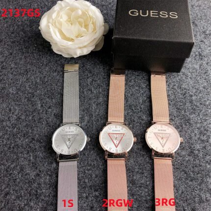 GUESS watch circular minimalist diamond inlaid dial with metal steel strip