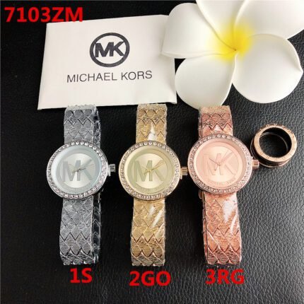 MK watch circular minimalist dial with diamond border metal strap