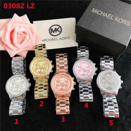 MK watch circular minimalist dial with diamond border metal strap