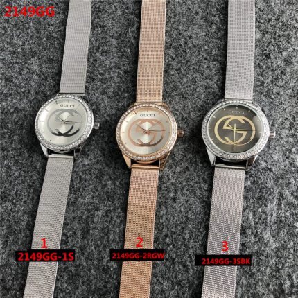 Gucci watch with round diamond bezel dial and steel strip