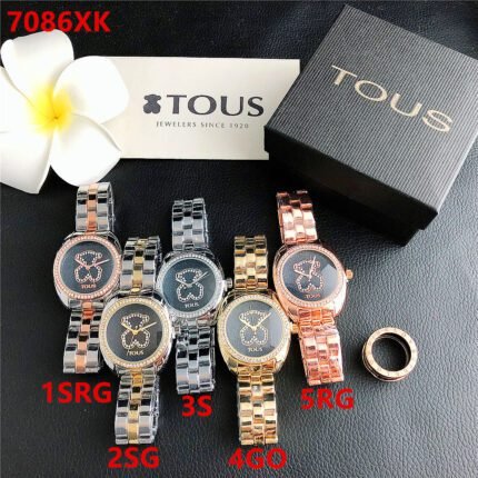 TOUS watch with round peach silk pattern, simple diamond inlaid dial, metal steel band