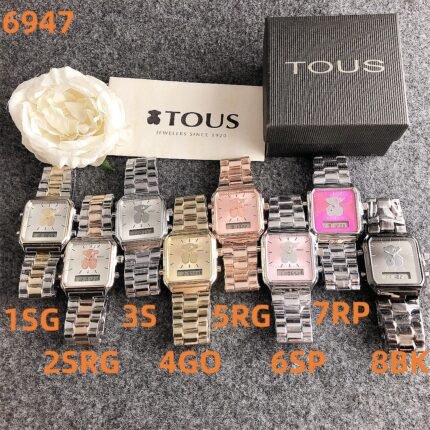 TOUS watch square peach silk bear pattern dial with metal steel strip