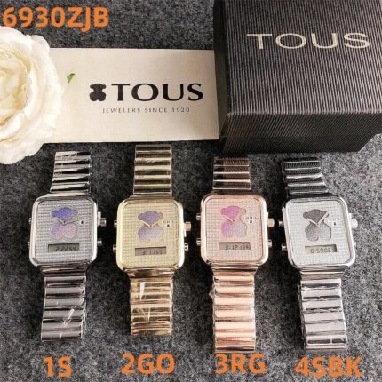TOUS watch square peach silk bear pattern with diamond inlaid dial metal steel band