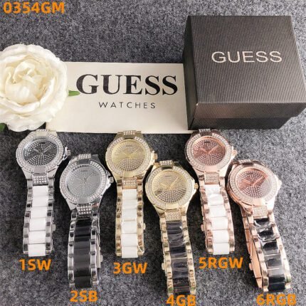 GUESS watch circular minimalist diamond inlaid dial with metal steel strip