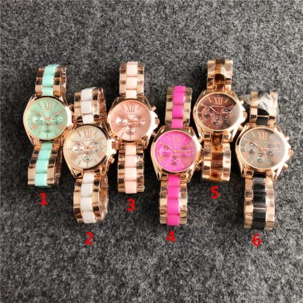 MK watch circular minimalist dial with diamond border strap