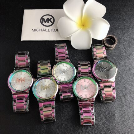 MK watch circular minimalist dial with diamond border metal strap