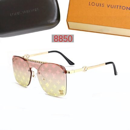 Louis Vuitton gold rimmed and pink green gradient printed square frameless one-piece sunglasses