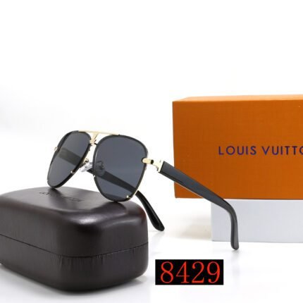 Louis Vuitton sunglasses with black edges and dark gray lenses in droplet shape