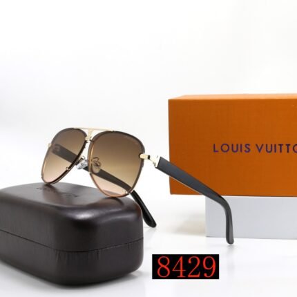 Louis Vuitton sunglasses with black edges and light brown lenses in droplet shape