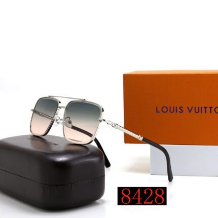 Louis Vuitton silver rimmed and dark green pink gradient square double beam sunglasses