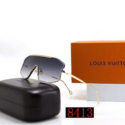 Louis Vuitton navy blue gradient jumpsuit irregular gold rimmed sunglasses