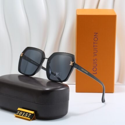 Louis Vuitton sunglasses with dark gray edges and black lenses, large hexagonal frame and patterned border