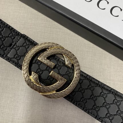 Gucci belt black classic double G buckle belt gold buckle detailed oil edge