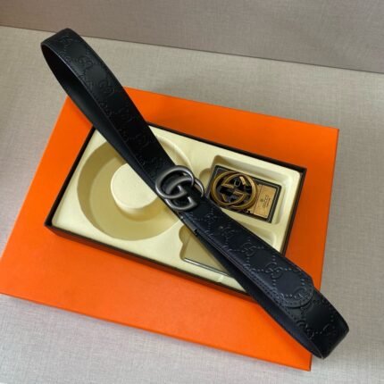 Gucci classic black slim waist double buckle belt simple and elegant with gift box