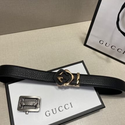 Gucci classic double buckle black leather belt, simple and elegant, luxurious and exquisite