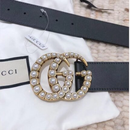 Gucci pearl inlaid double G leather belt simple and elegant