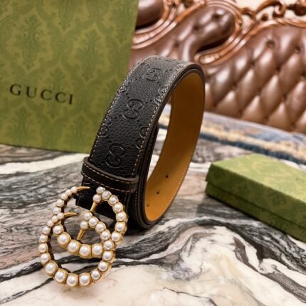 Gucci pearl inlaid double G leather belt, luxurious and fashionable, elegant and noble