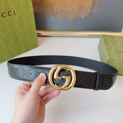 Gucci gold double G buckle black textured belt, high-end temperament, noble and elegant