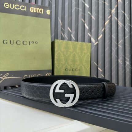 Gucci silver double G buckle black textured belt, simple and elegant, noble and elegant