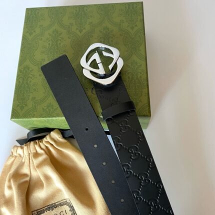 Gucci silver double G buckle black textured belt, simple and elegant, elegant and noble