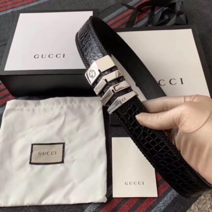 Gucci black crocodile pattern silver buckle belt, luxurious and refined, noble and elegant