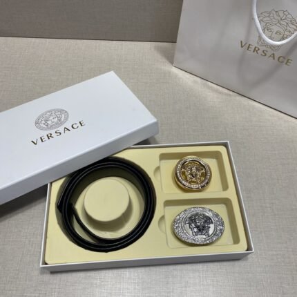Versace Classic Double Button Round Buckle Belt Gift Box Set, High end Fashion, Noble and Elegant