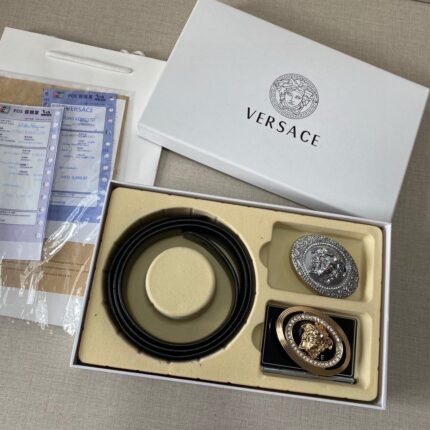 Versace Classic Double Button Round Buckle Belt Gift Box Set, High end Fashion, Noble and Elegant