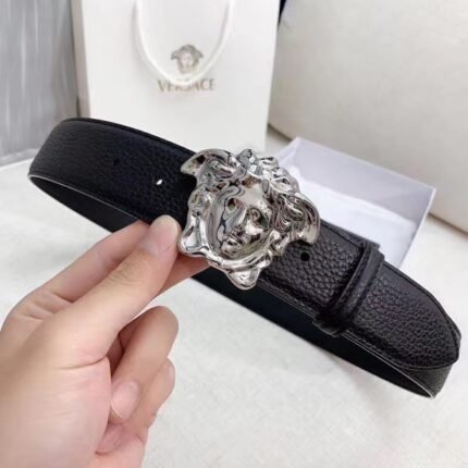 Versace Silver Medusa Embossed Buckle Black Belt Simple and Elegant, Low key Luxury