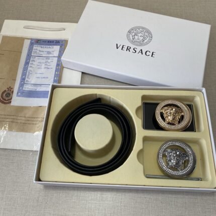 Versace Classic Double Button Round Buckle Belt Gift Box Set, High end Fashion, Noble and Elegant