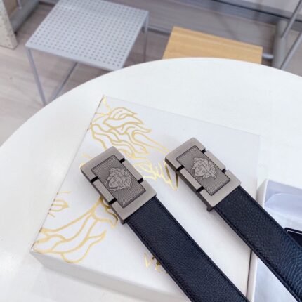 Versace Silver Square Buckle Black Belt Simple, Grand, Noble, Elegant