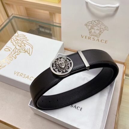 Versace Silver Round Buckle Black Belt Classic Fashion Low key Luxury