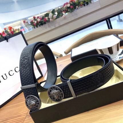 Versace Silver Round Buckle Black Texture Belt Classic Fashion Low key Luxury