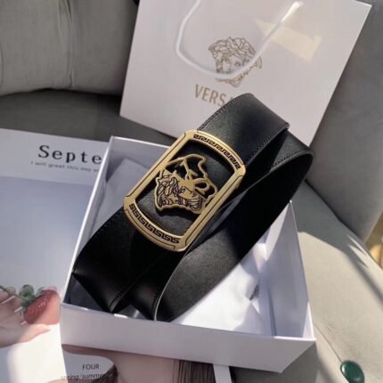 Versace Gold Square Buckle Black Belt Classic Fashion Noble and Elegant