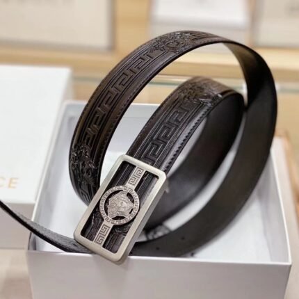 Versace silver square buckle with black texture belt, simple, fashionable, noble, and elegant