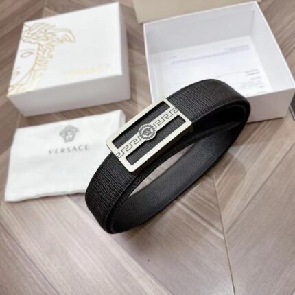 Versace Silver Square Buckle Black Belt Simple, Fashionable, Noble, and Elegant