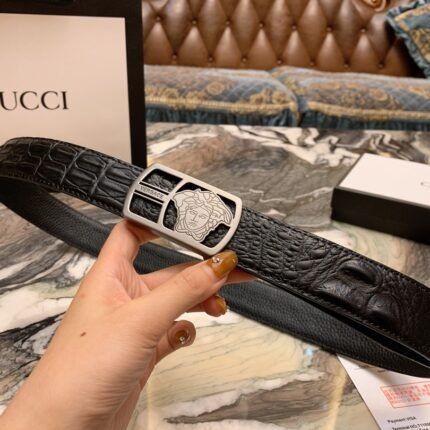 Versace Silver Square Ring Buckle Black Crocodile Pattern Belt Simple, Fashionable, Noble, Elegant