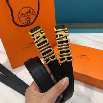 Dior Classic Gold Letter Buckle Black Belt Simple and Elegant, Low key Luxury