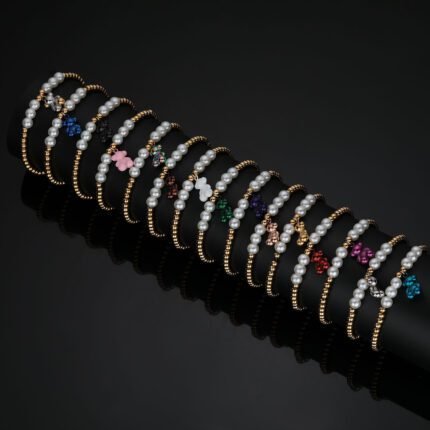 TOUS 925 Silver Multi Color Styles Spanish Bear Pendant Round Bead Pearl Bracelet