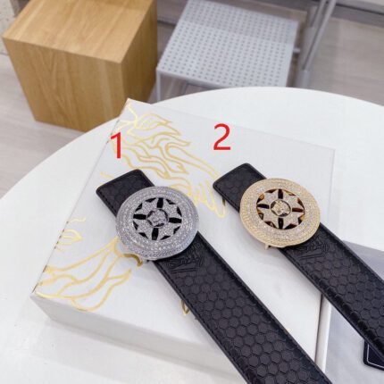 Versace Classic Circular Buckle Black Plaid Belt Simple, Fashionable, Noble, and Elegant