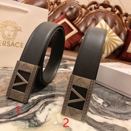 Versace silver square buckle with double-sided black belt, simple, fashionable, noble, and elegant