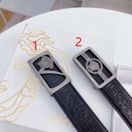 Versace silver square buckle with black texture belt, simple, fashionable, noble, and elegant