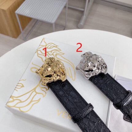 Versace Classic Medusa Relief Ring Buckle Black Crocodile Pattern Belt Simple, Fashionable, Noble, Elegant