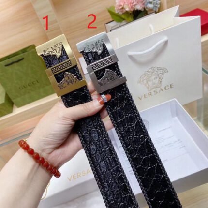 Versace Classic Square Ring Buckle Black Crocodile Pattern Belt Simple, Fashionable, Noble, and Elegant